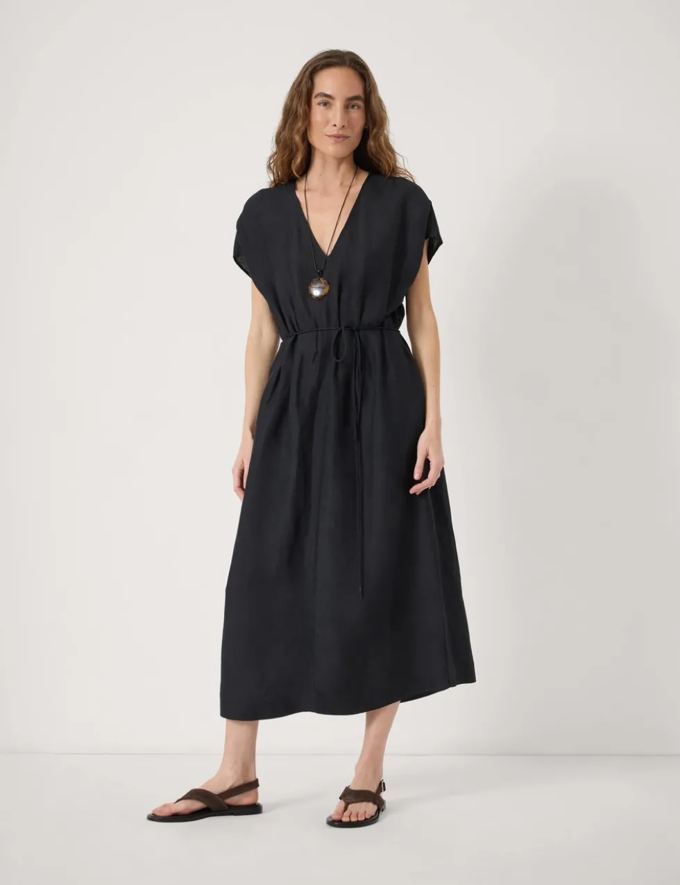 Linen Blend V-Neck Midi Waisted Dress
