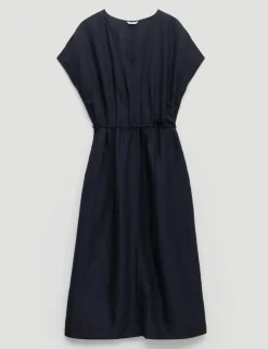 Linen Blend V-Neck Midi Waisted Dress