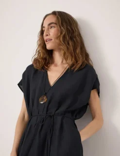 Linen Blend V-Neck Midi Waisted Dress