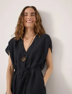 Linen Blend V-Neck Midi Waisted Dress