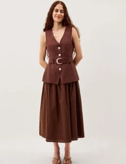 Linen Blend V-Neck Midi Waisted Dress