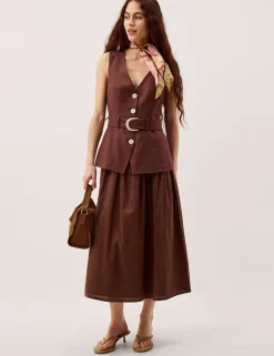 Linen Blend V-Neck Midi Waisted Dress