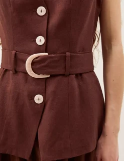 Linen Blend V-Neck Midi Waisted Dress