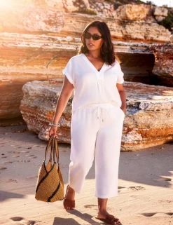 Linen Blend Wide Leg Cropped Trousers
