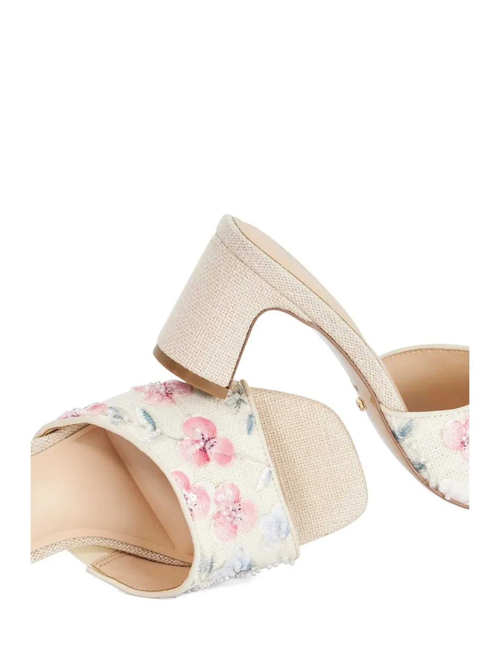 Linen Floral Block Heel Square Toe Mules