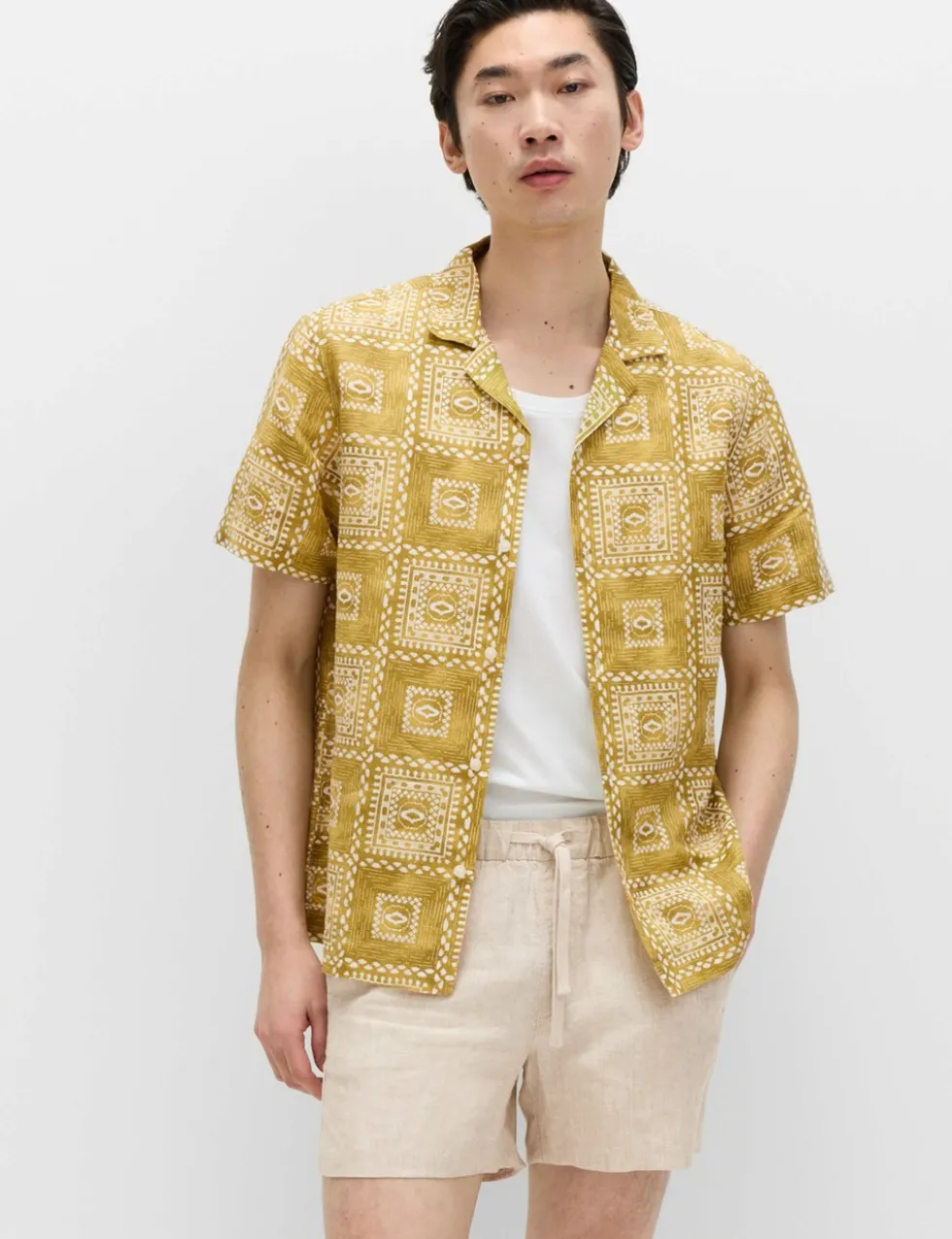 Linen Rich Abstract Tile Print Shirt