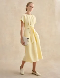 Linen Rich Belted Midi Waisted Dress