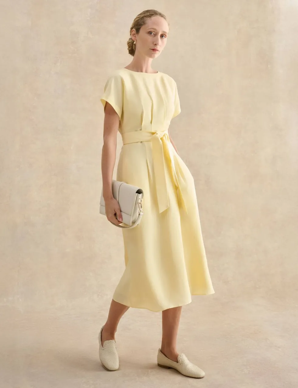 Linen Rich Belted Midi Waisted Dress