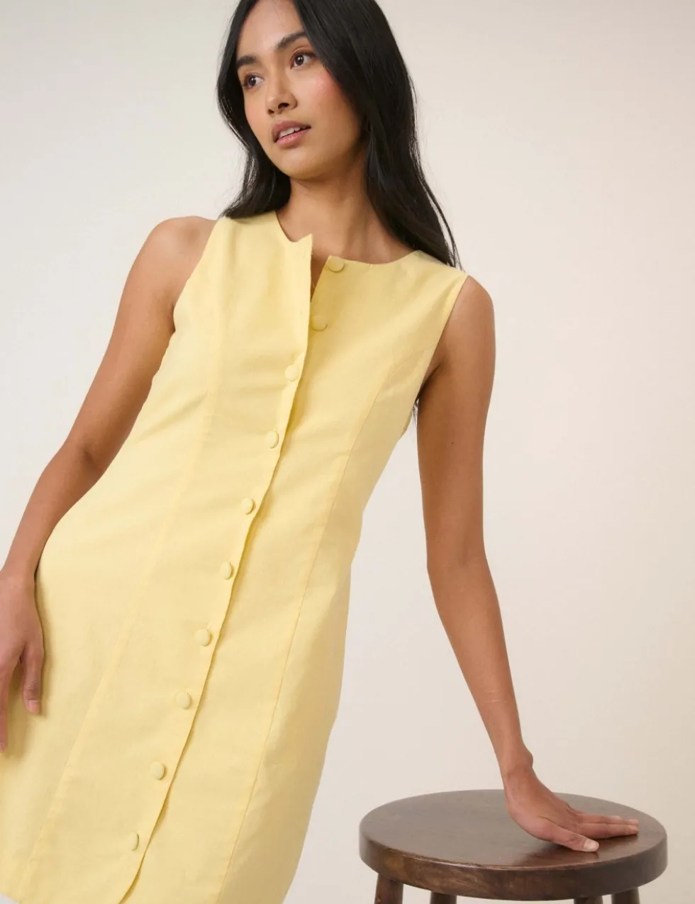 Linen Rich Button Front Mini Tailored Dress