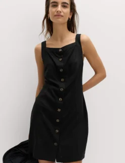 Linen Rich Button Through Mini Shift Dress