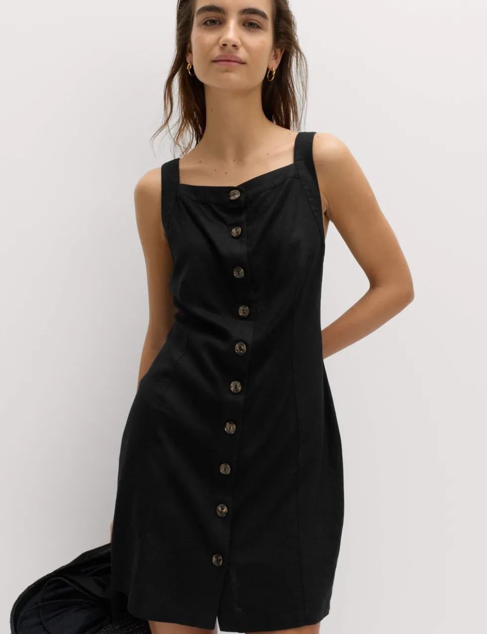 Linen Rich Button Through Mini Shift Dress