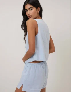Linen Rich Checked Tie Front Vest Top
