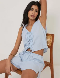 Linen Rich Checked Tie Front Vest Top
