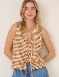 Linen Rich Checked Tie Front Vest Top