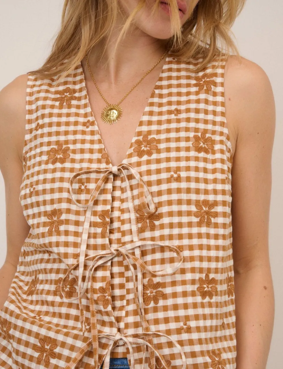 Linen Rich Checked Tie Front Vest Top