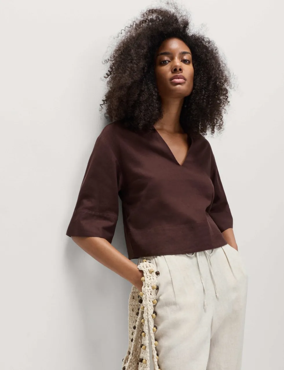 Linen Rich Collared Crop Top