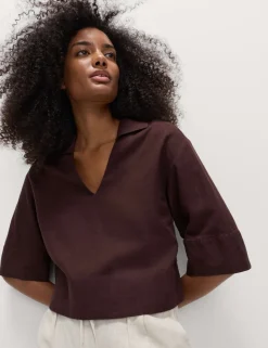 Linen Rich Collared Crop Top