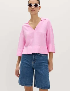 Linen Rich Collared Crop Top