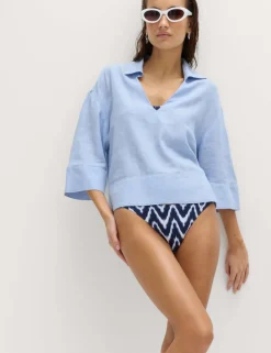 Linen Rich Collared V-Neck Popover Top