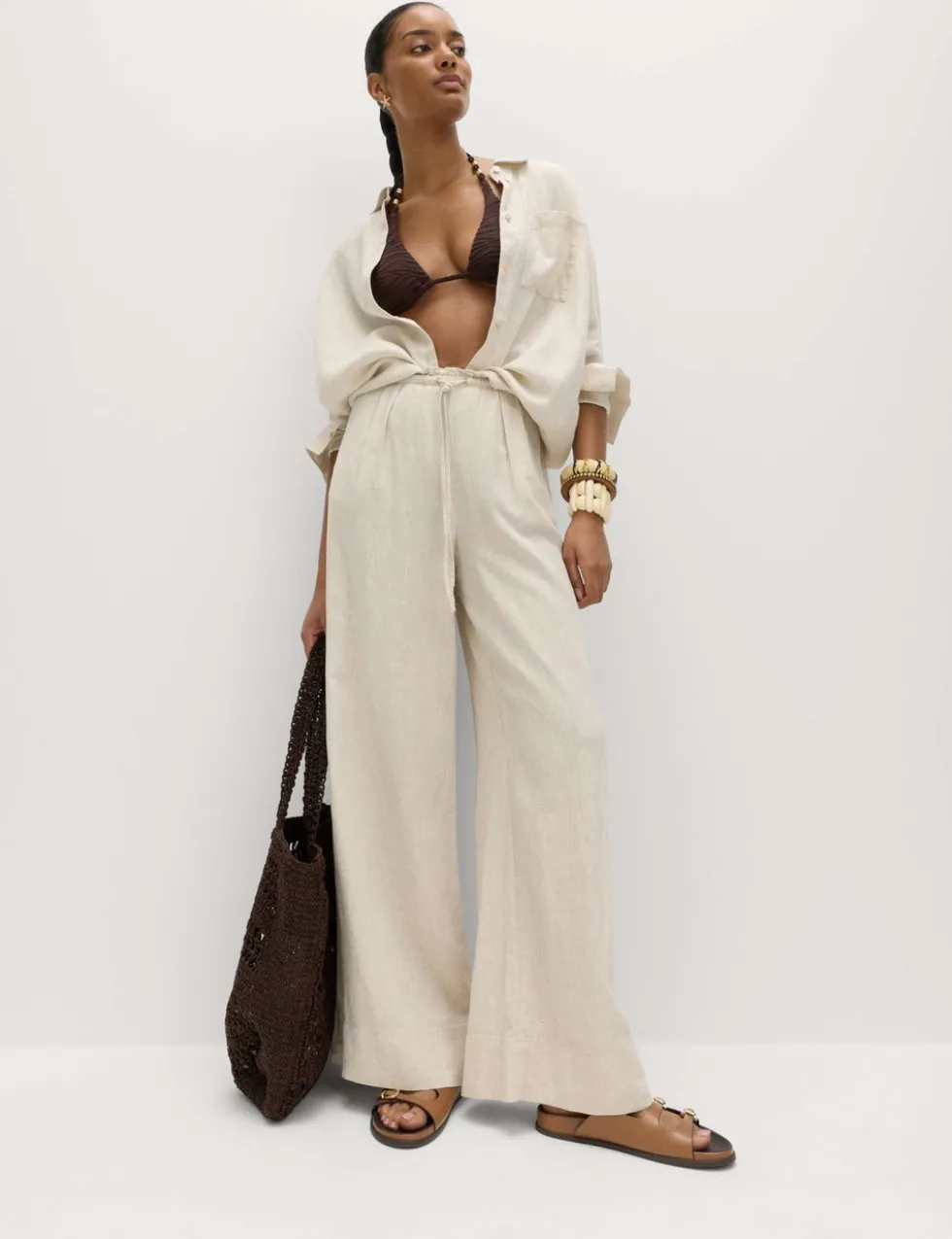 Linen Rich Drawstring Wide Leg Trousers