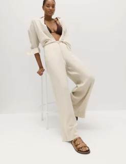 Linen Rich Drawstring Wide Leg Trousers