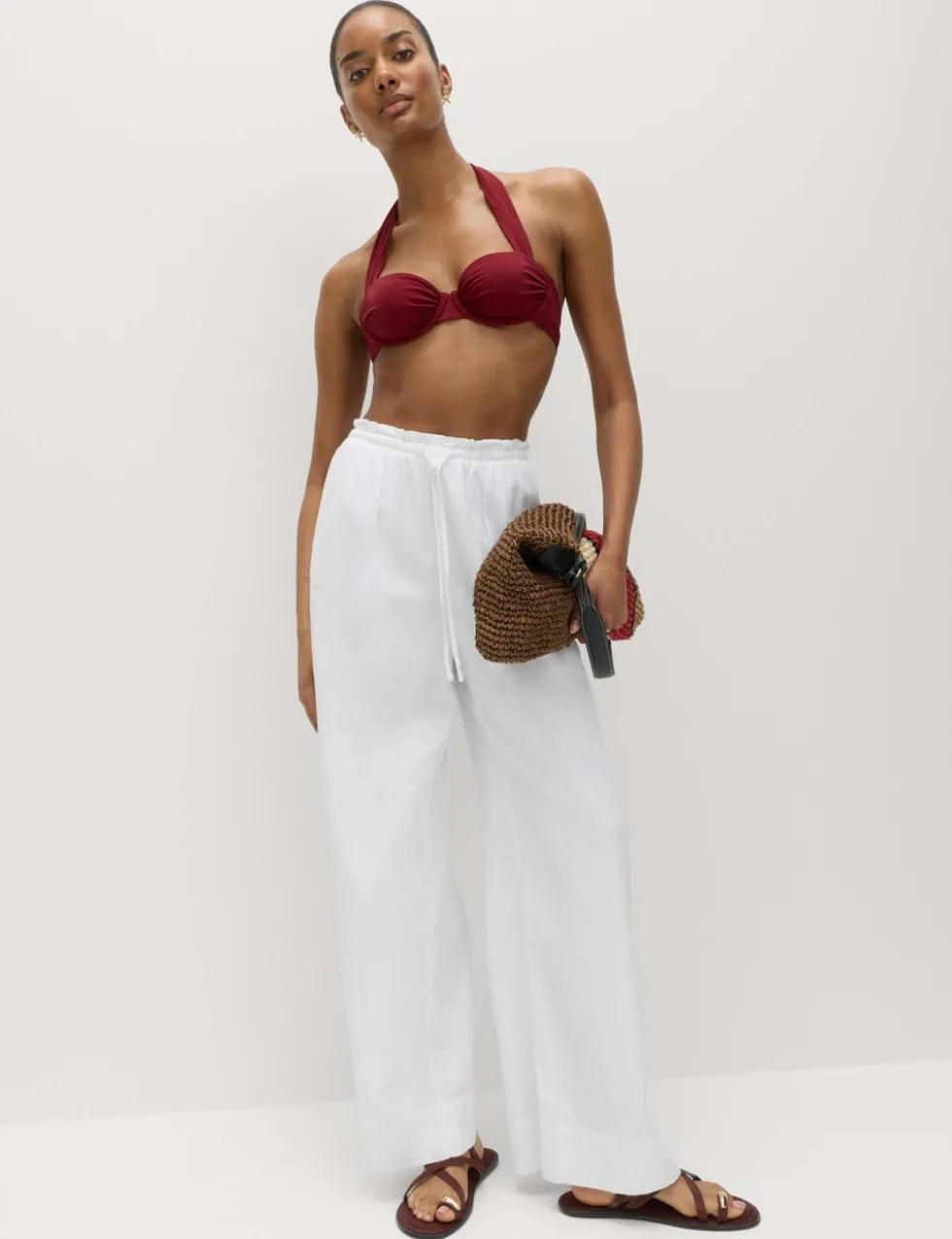 Linen Rich Drawstring Wide Leg Trousers