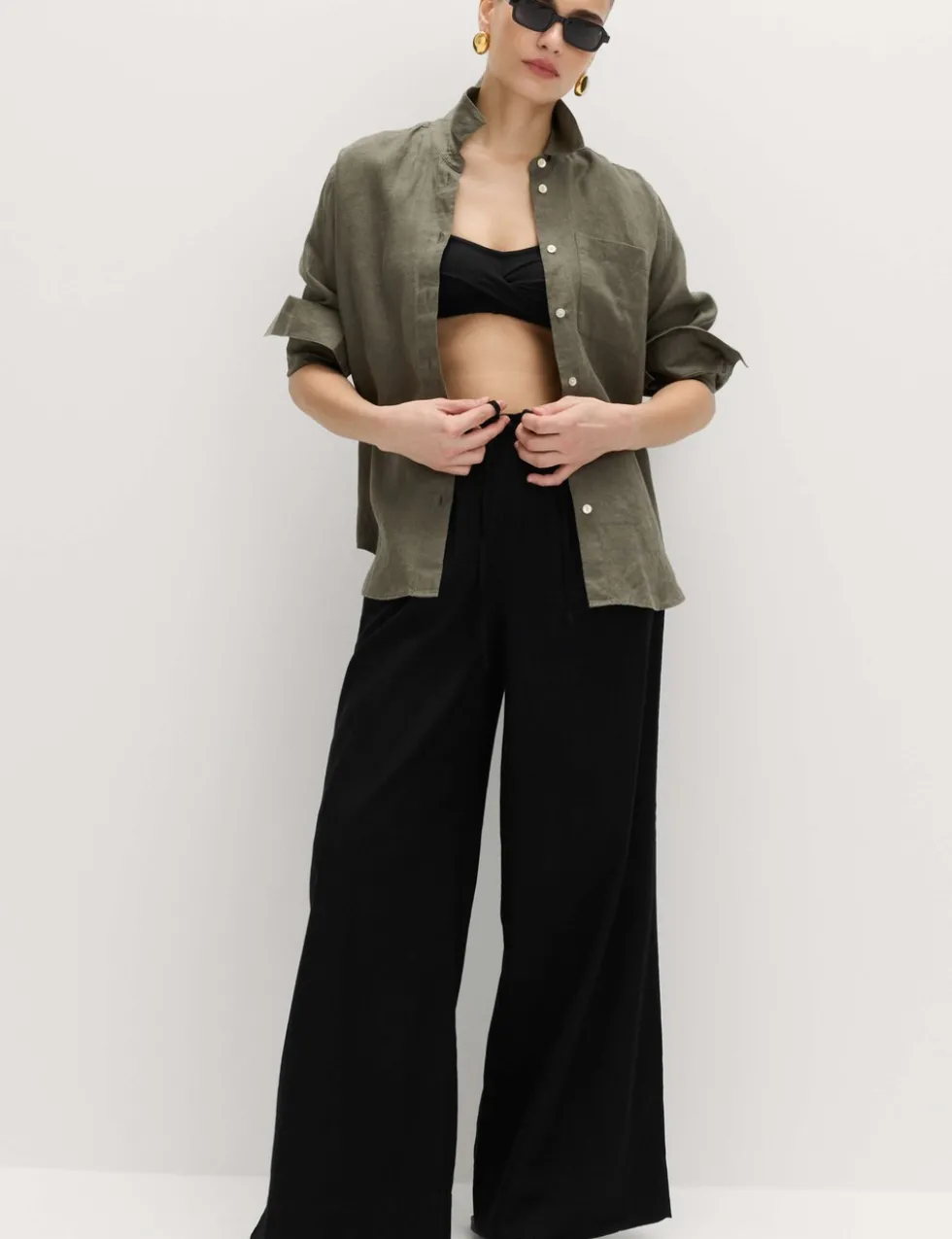 Linen Rich Drawstring Wide Leg Trousers