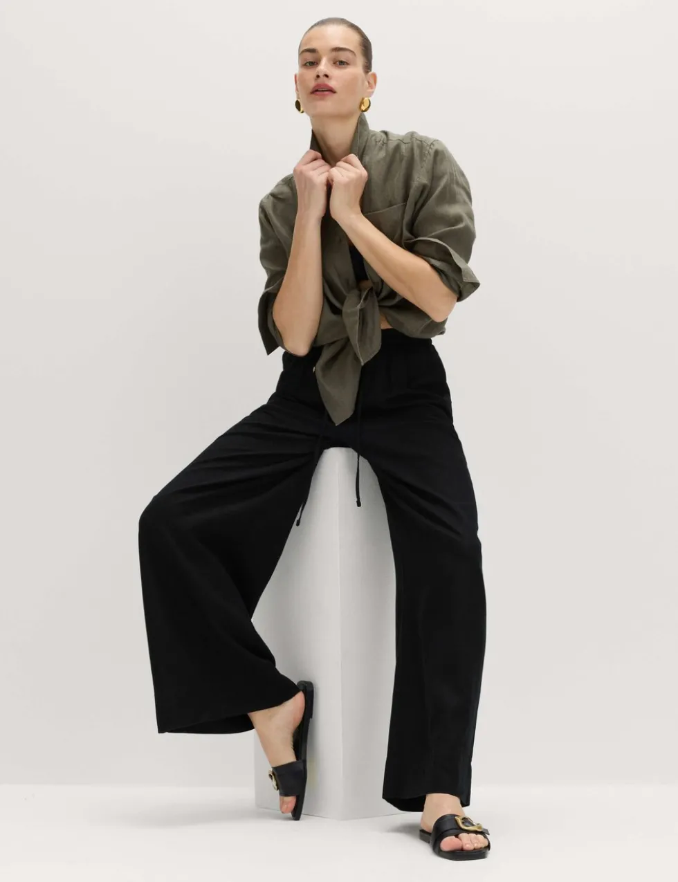 Linen Rich Drawstring Wide Leg Trousers
