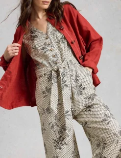 Linen Rich Floral Belted Sleeveless Jumpsuit