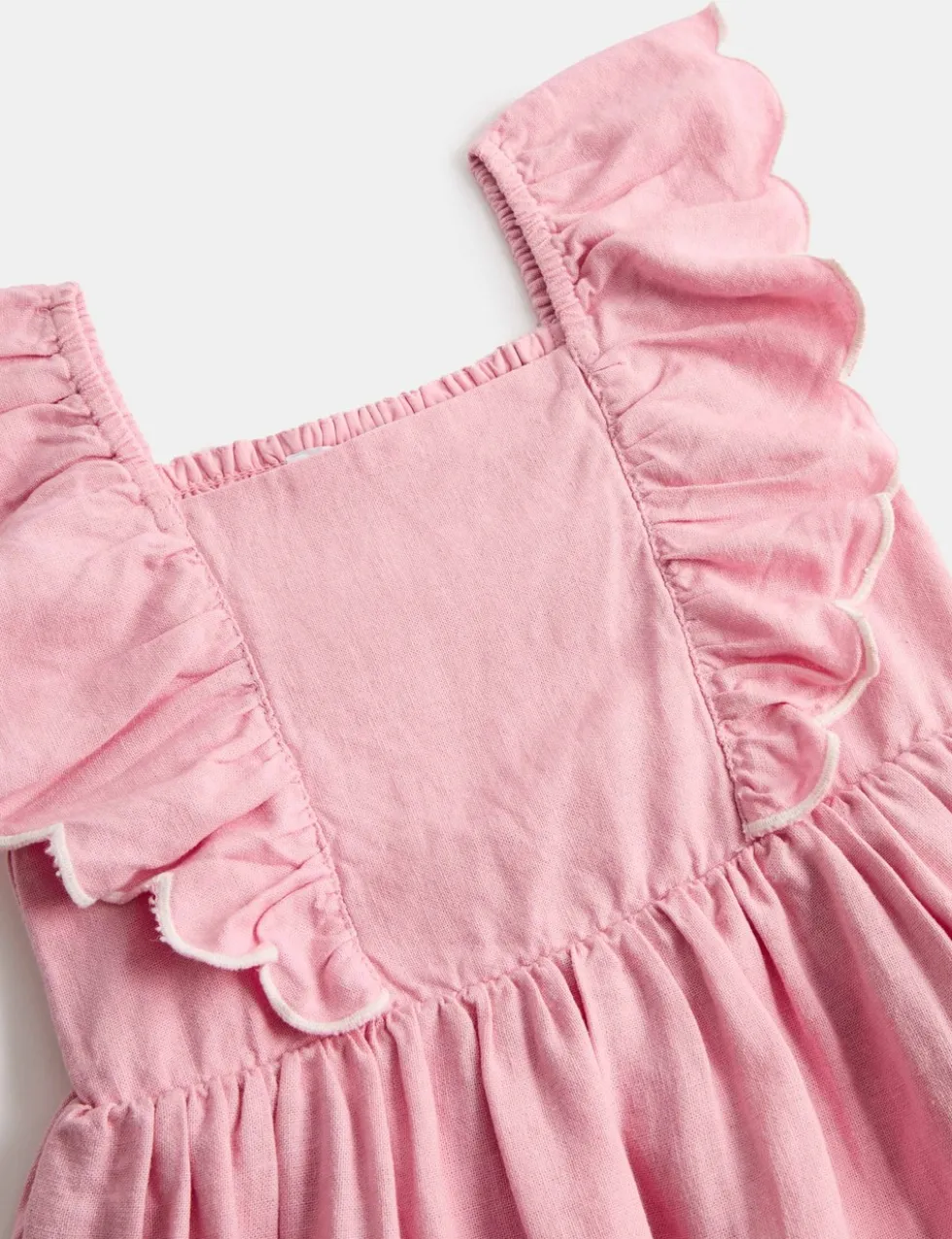 Linen Rich Floral Embroidered Frill Dress (2-10 Yrs)