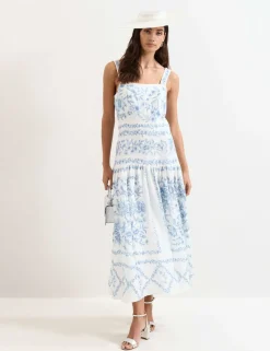 Linen Rich Floral Midaxi Waisted Dress