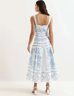 Linen Rich Floral Midaxi Waisted Dress