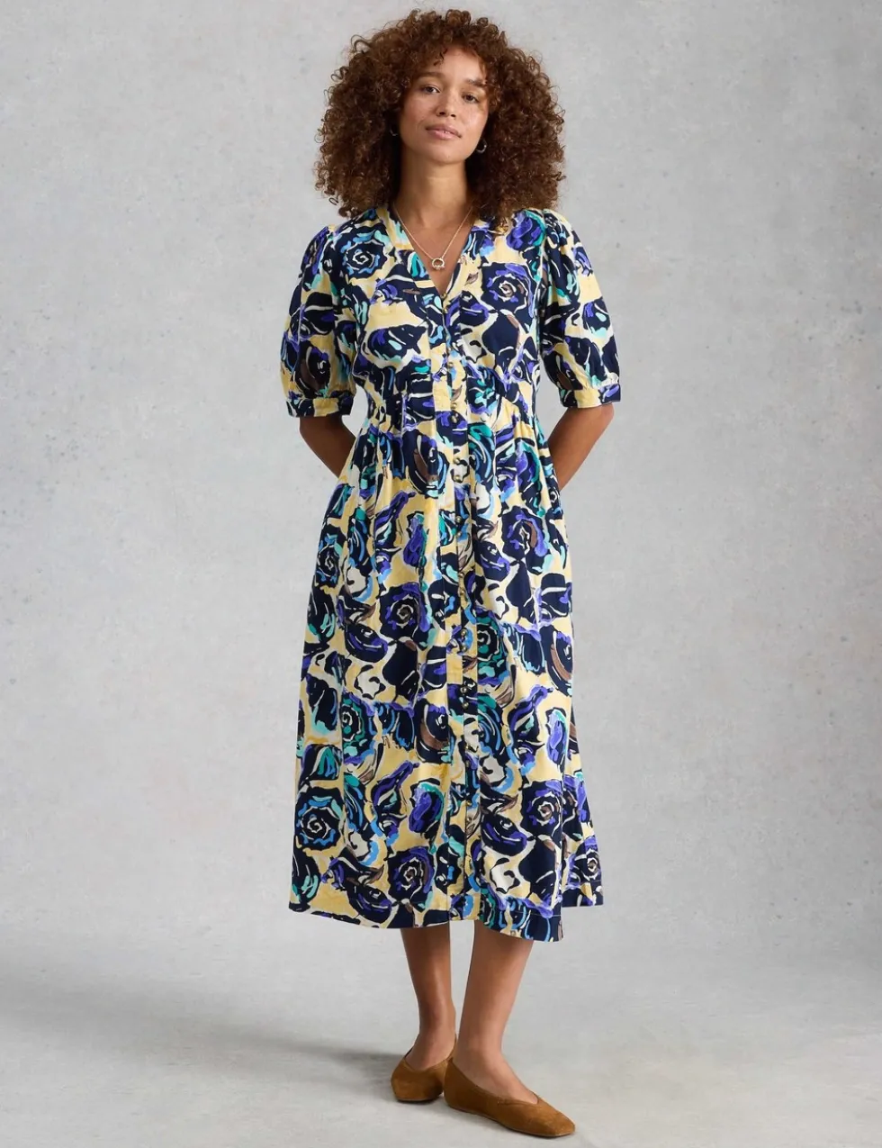Linen Rich Floral Midi Waisted Dress