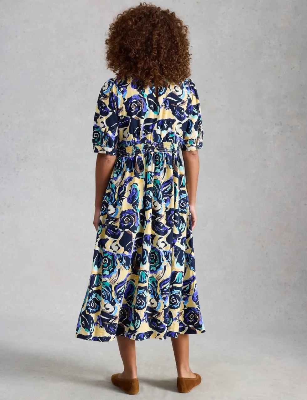 Linen Rich Floral Midi Waisted Dress