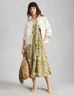 Linen Rich Floral Midi Waisted Dress