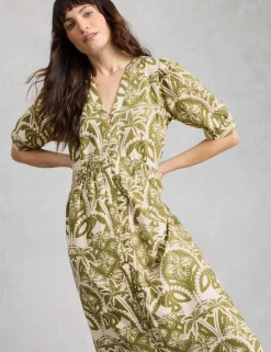 Linen Rich Floral Midi Waisted Dress