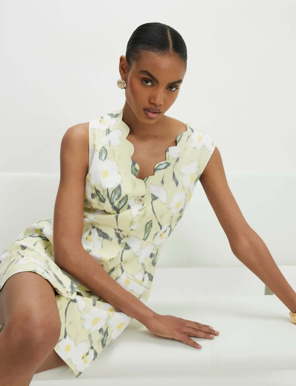 Linen Rich Floral Scalloped Mini Dress