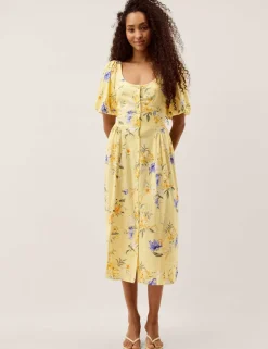 Linen Rich Floral Scoop Neck Midaxi Dress