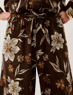 Linen Rich Floral Straight Leg Cropped Trousers