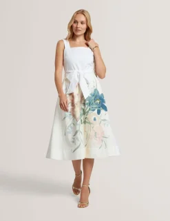 Linen Rich Floral Tie Waist Midi Dress