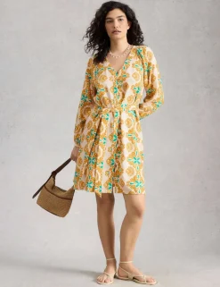 Linen Rich Floral V-Neck Mini Waisted Dress