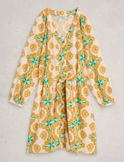 Linen Rich Floral V-Neck Mini Waisted Dress
