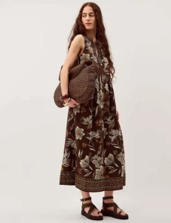 Linen Rich Floral V-Neck Midi Shift Dress