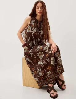 Linen Rich Floral V-Neck Midi Shift Dress