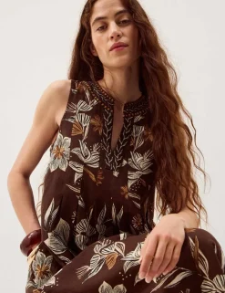 Linen Rich Floral V-Neck Midi Shift Dress