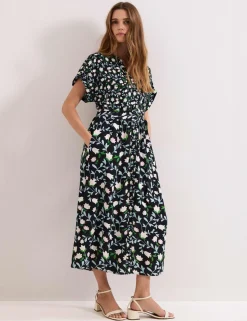Linen Rich Floral V-Neck Midi Shirt Dress