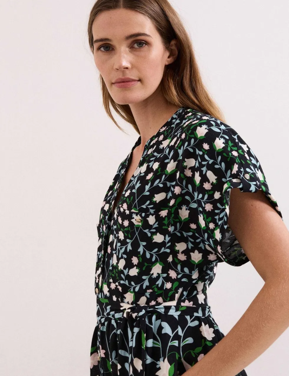 Linen Rich Floral V-Neck Midi Shirt Dress