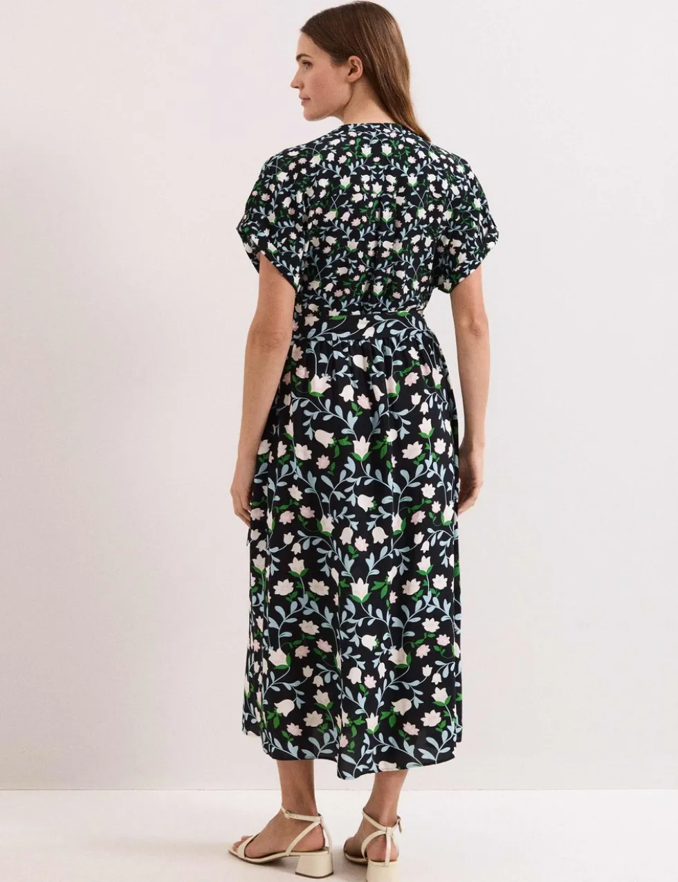 Linen Rich Floral V-Neck Midi Shirt Dress