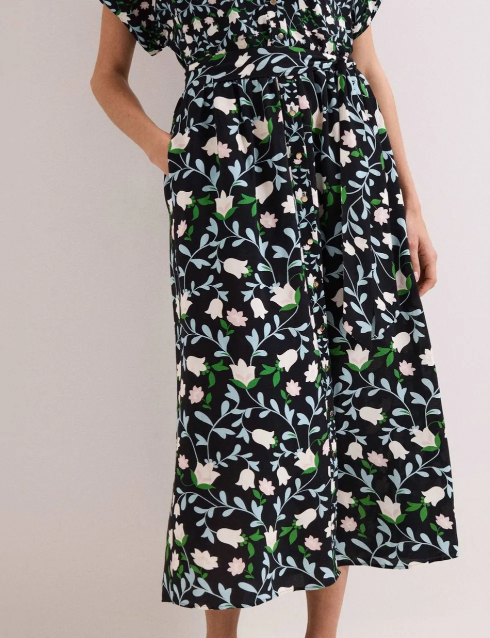 Linen Rich Floral V-Neck Midi Shirt Dress