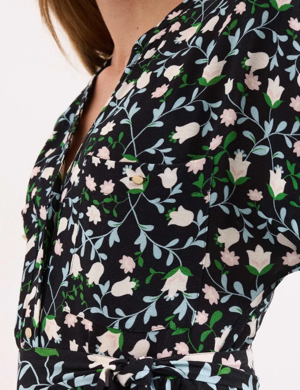 Linen Rich Floral V-Neck Midi Shirt Dress